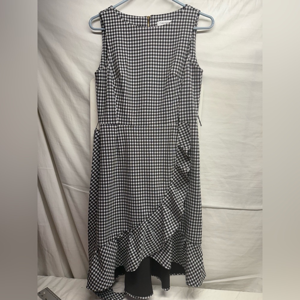 Calvin Klein Asymmetrical Black and White Gingham Ruffle dress| Size 4